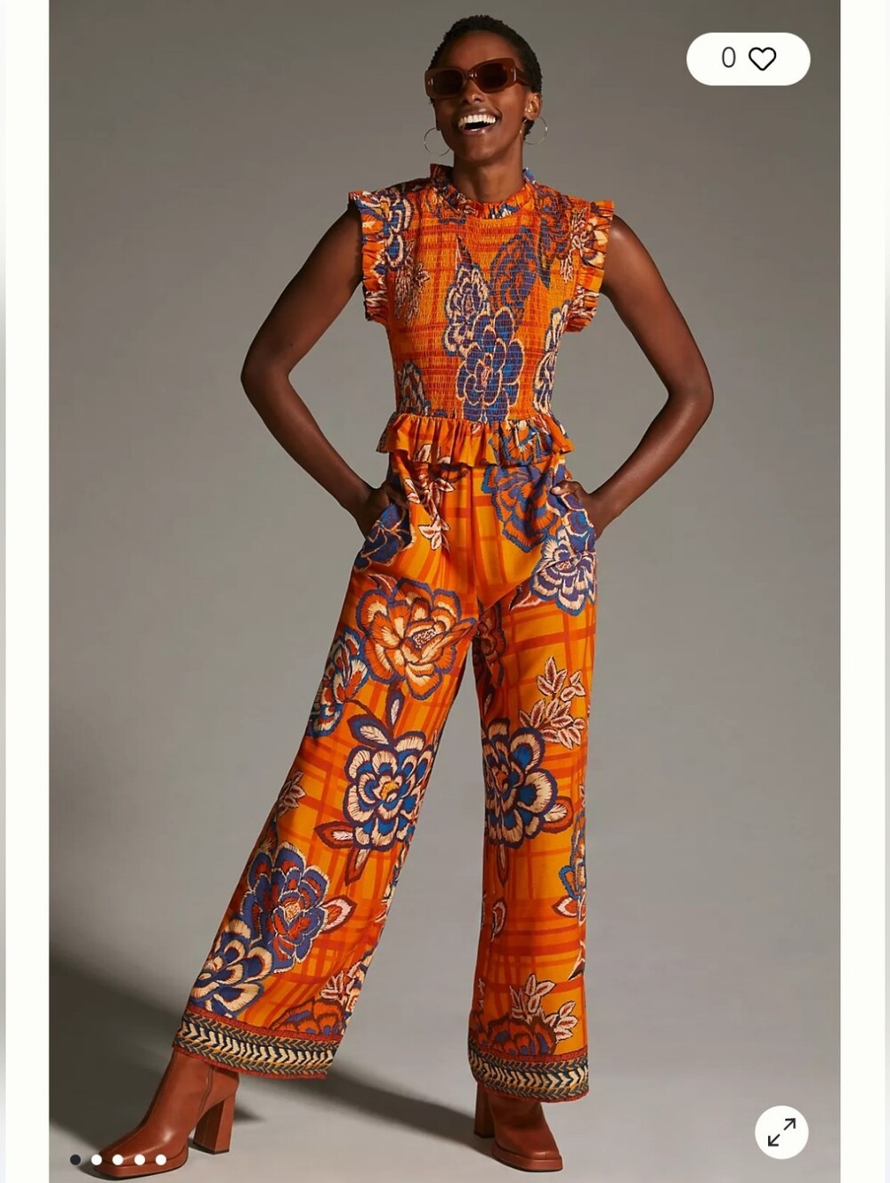 FARM Rio Orange Floral Smocked Wide-Leg Jumpsuit